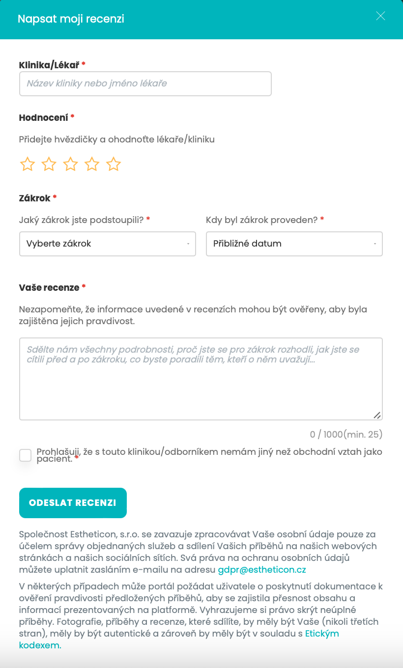 Ukázka formuláře na napsání recenze